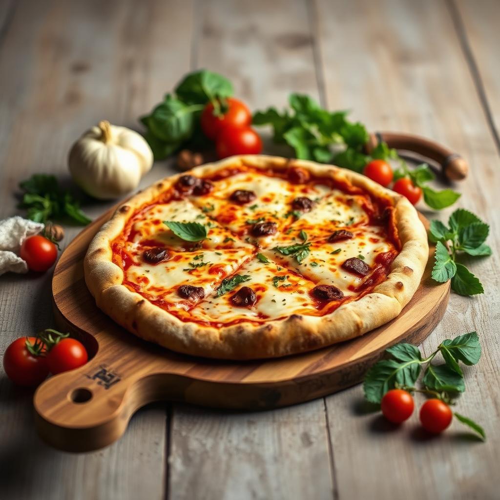 Freshly baked pizza on a wooden board